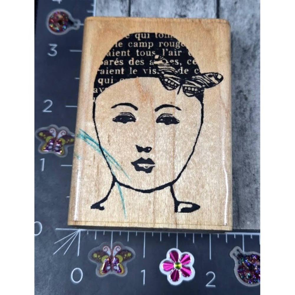 Inkadinkado Woman Face Butterfly 8340N Head Wrapped Rubber Stamp Wood #P69